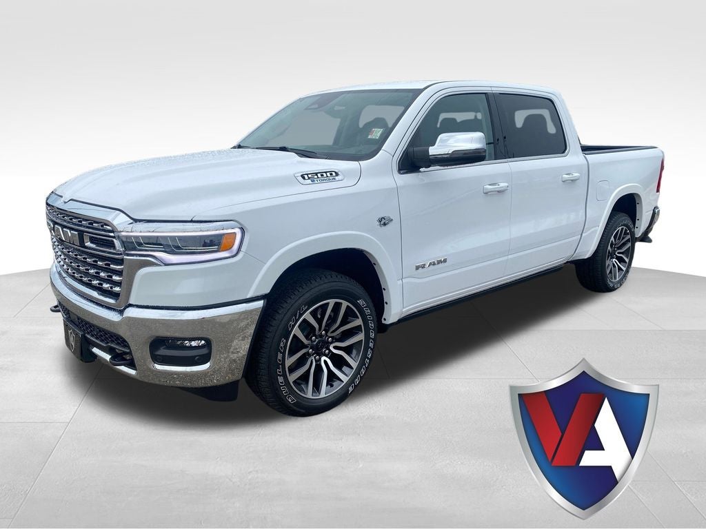2026 RAM Ram 1500 RAM 1500 LIMITED LONGHORN CREW CAB 4X4 5'7' BOX in Bright White Clear-Coat Exterior Paint — front three-quarter view