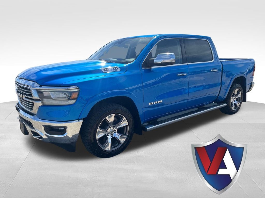 2022 RAM 1500 Laramie Crew Cab 4x4 5'7' Box in Hydro Blue Pearlcoat — front three-quarter view